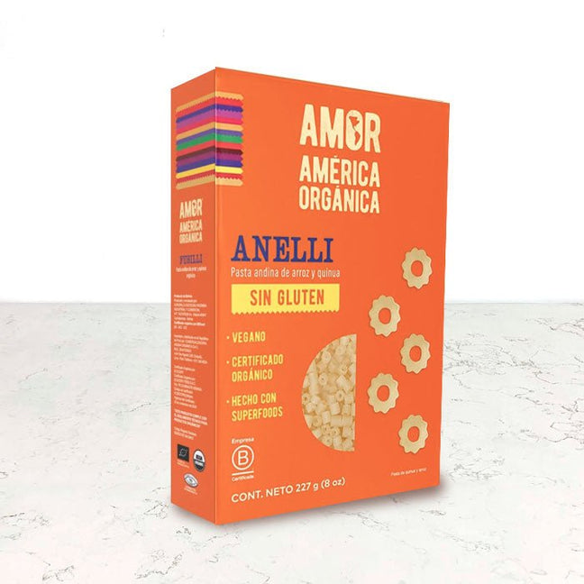 Pasta de arroz y quinoa orgánica tipo anelli sin gluten 227g  América Orgánica importada