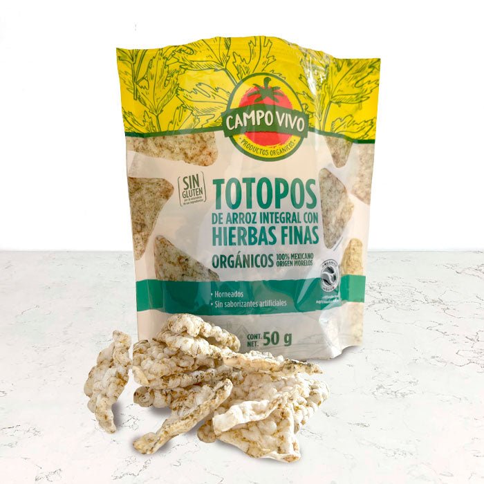 Totopos de arroz orgánico con hierbas finas 50g Campo Vivo