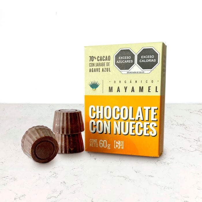 DILMUN Chocolate artesanal Orgánico 70% cacao chiapaneco endulzado con jarabe de agave y trocitos con nuez 60g MAYAMIEL